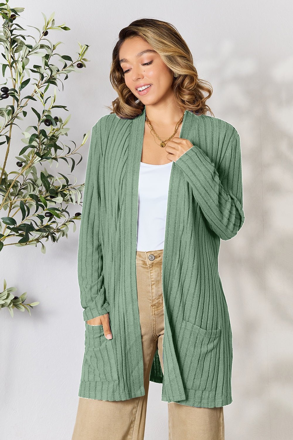 Basic Bae Full Size Ribbed Open Front Cardigan with Pockets - Bella Blue Styles