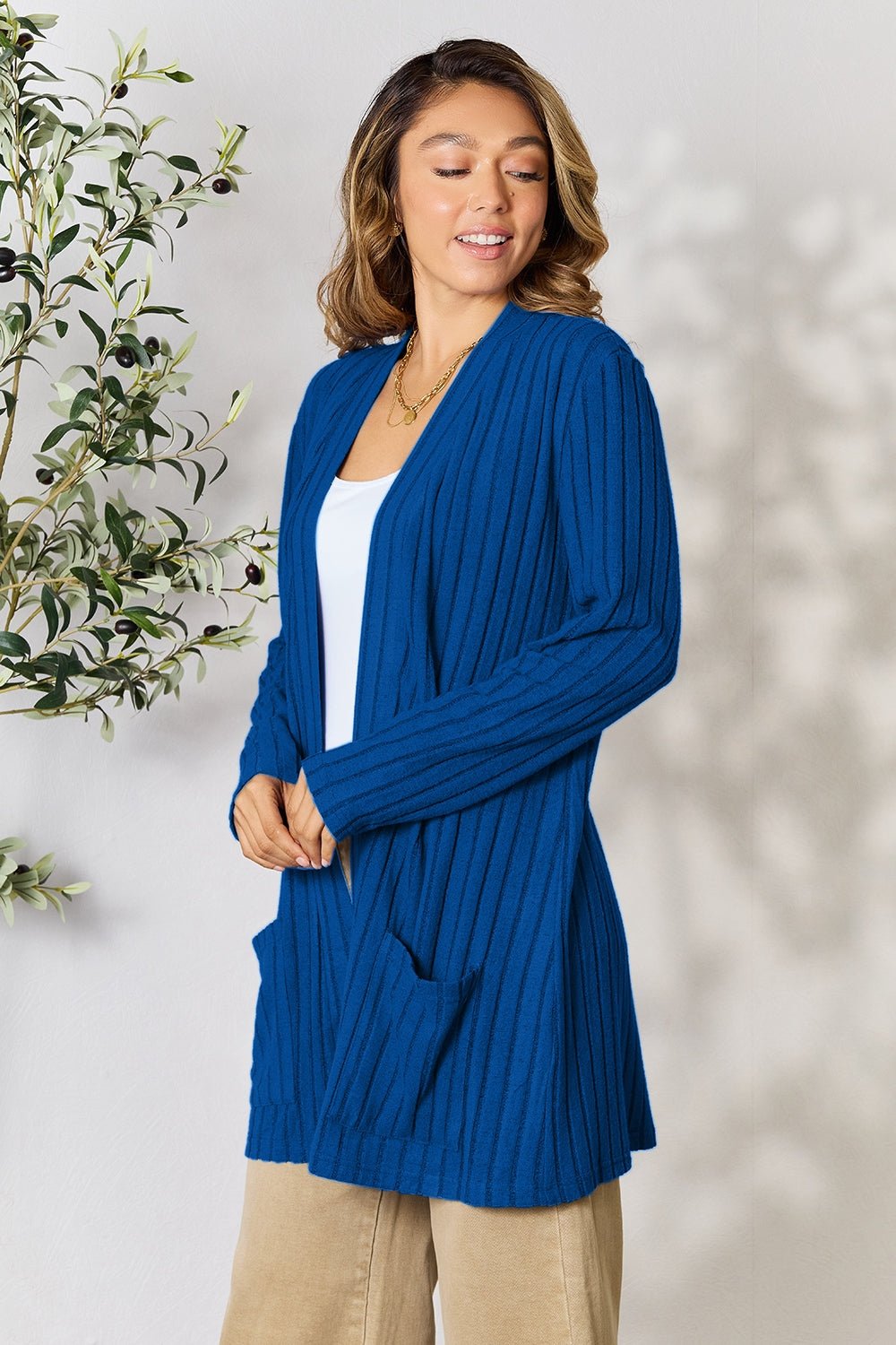Basic Bae Full Size Ribbed Open Front Cardigan with Pockets - Bella Blue Styles