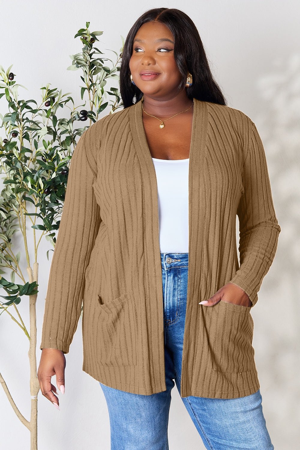 Basic Bae Full Size Ribbed Open Front Cardigan with Pockets - Bella Blue Styles