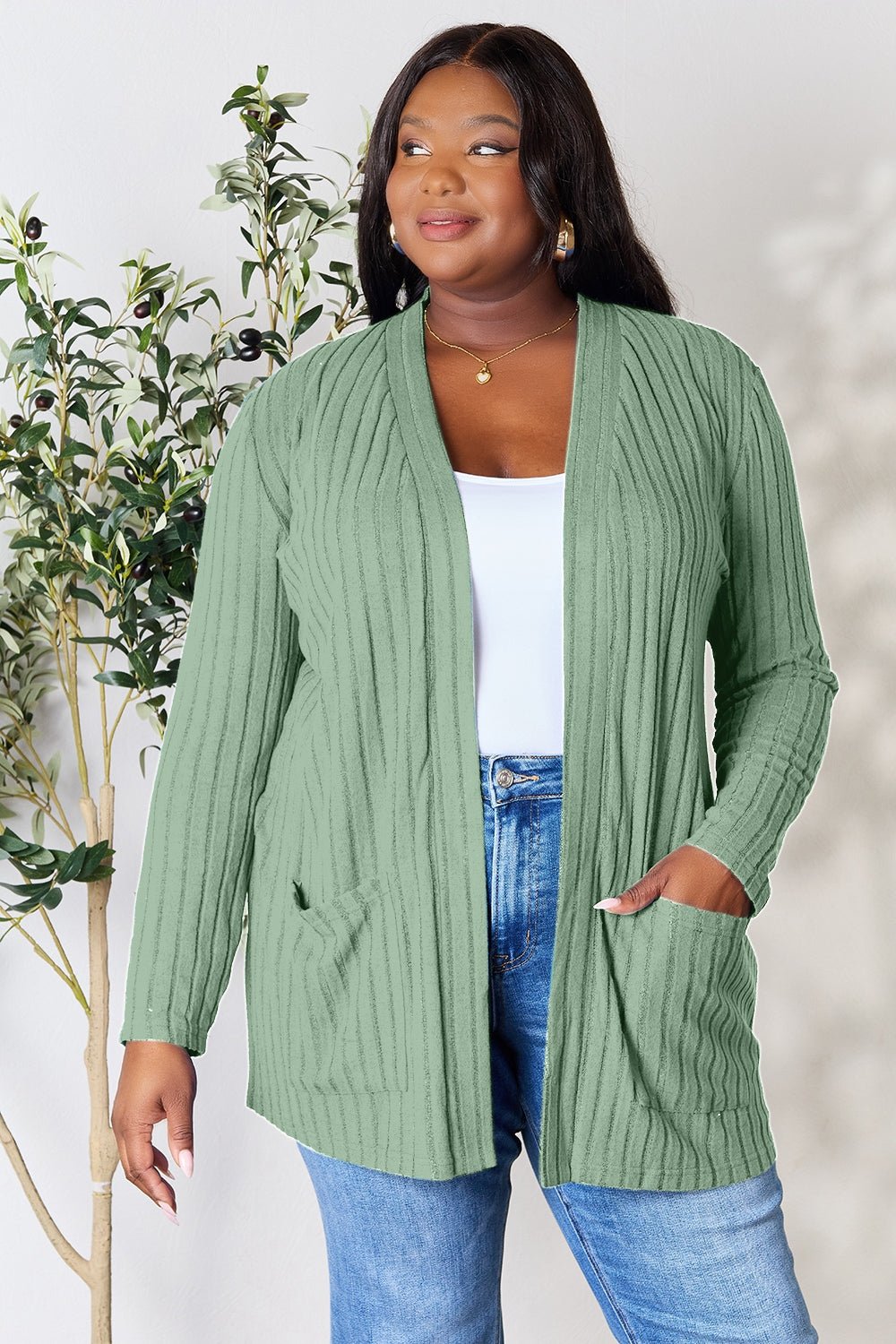Basic Bae Full Size Ribbed Open Front Cardigan with Pockets - Bella Blue Styles