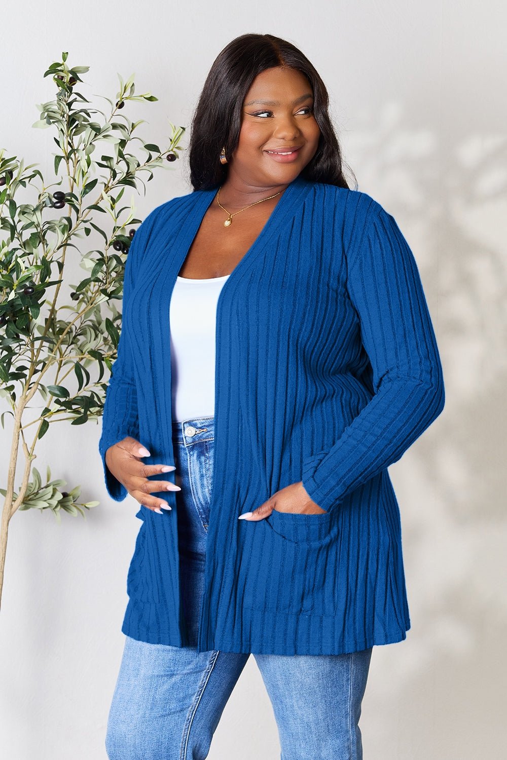 Basic Bae Full Size Ribbed Open Front Cardigan with Pockets - Bella Blue Styles