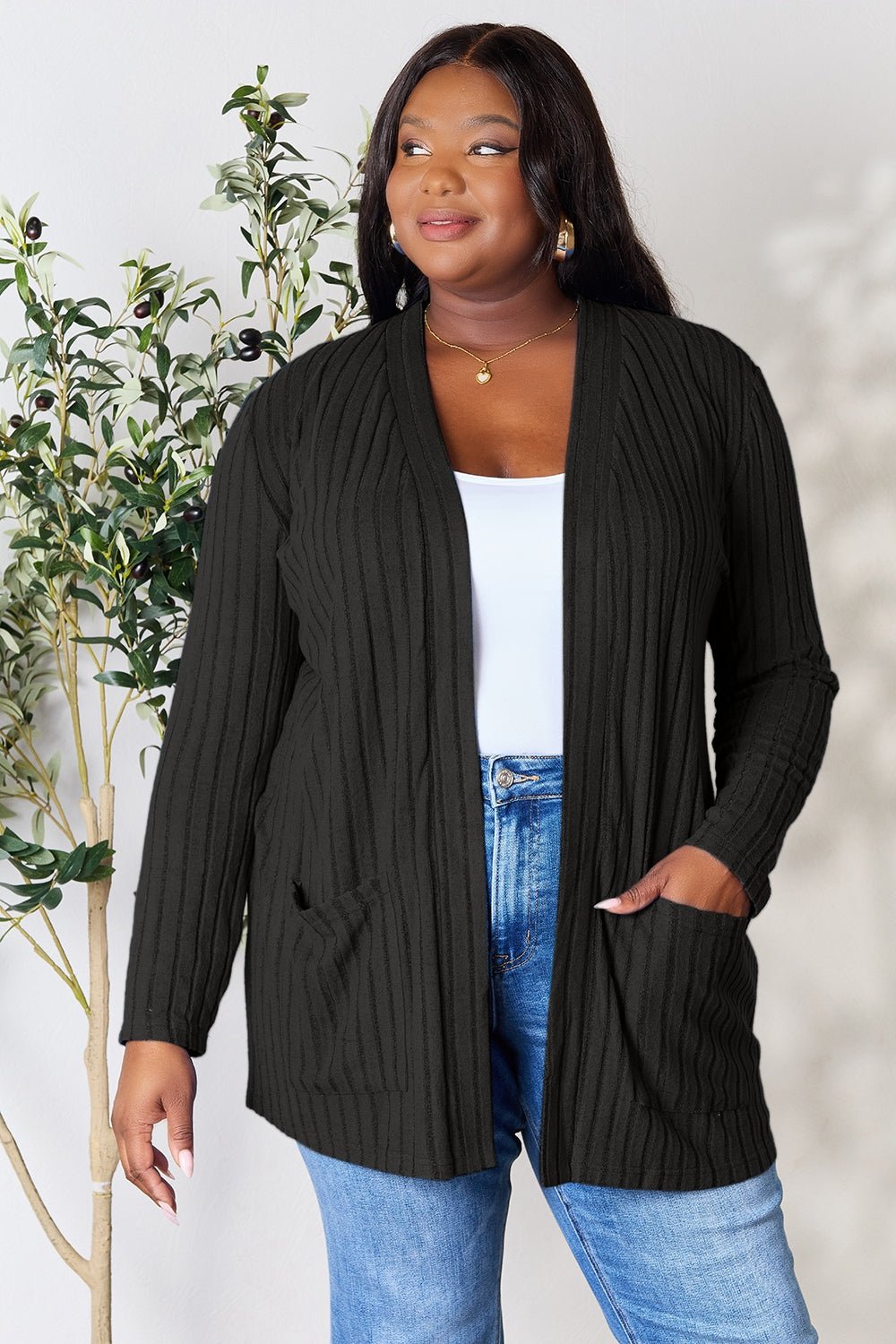 Basic Bae Full Size Ribbed Open Front Cardigan with Pockets - Bella Blue Styles