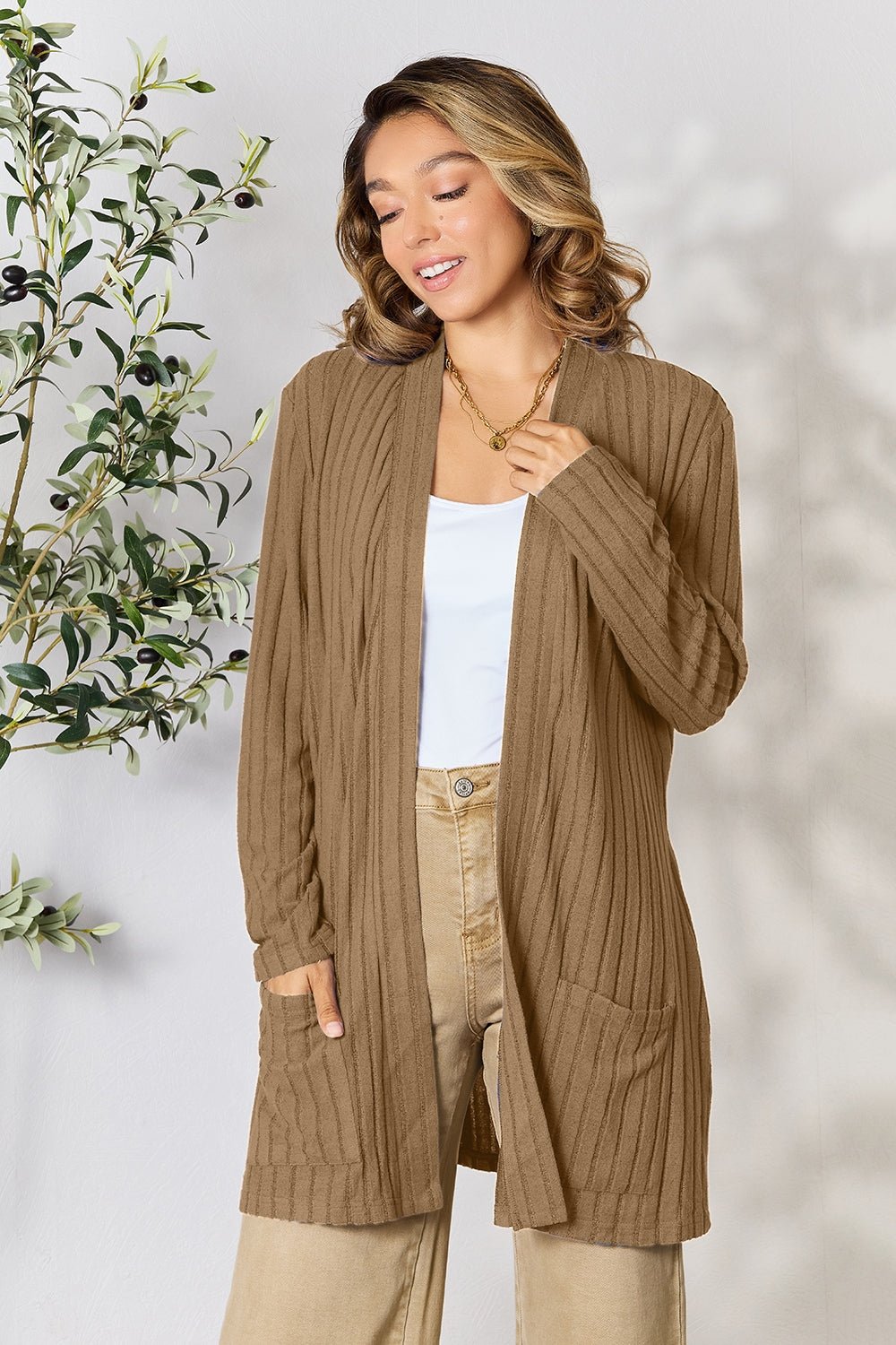 Basic Bae Full Size Ribbed Open Front Cardigan with Pockets - Bella Blue Styles