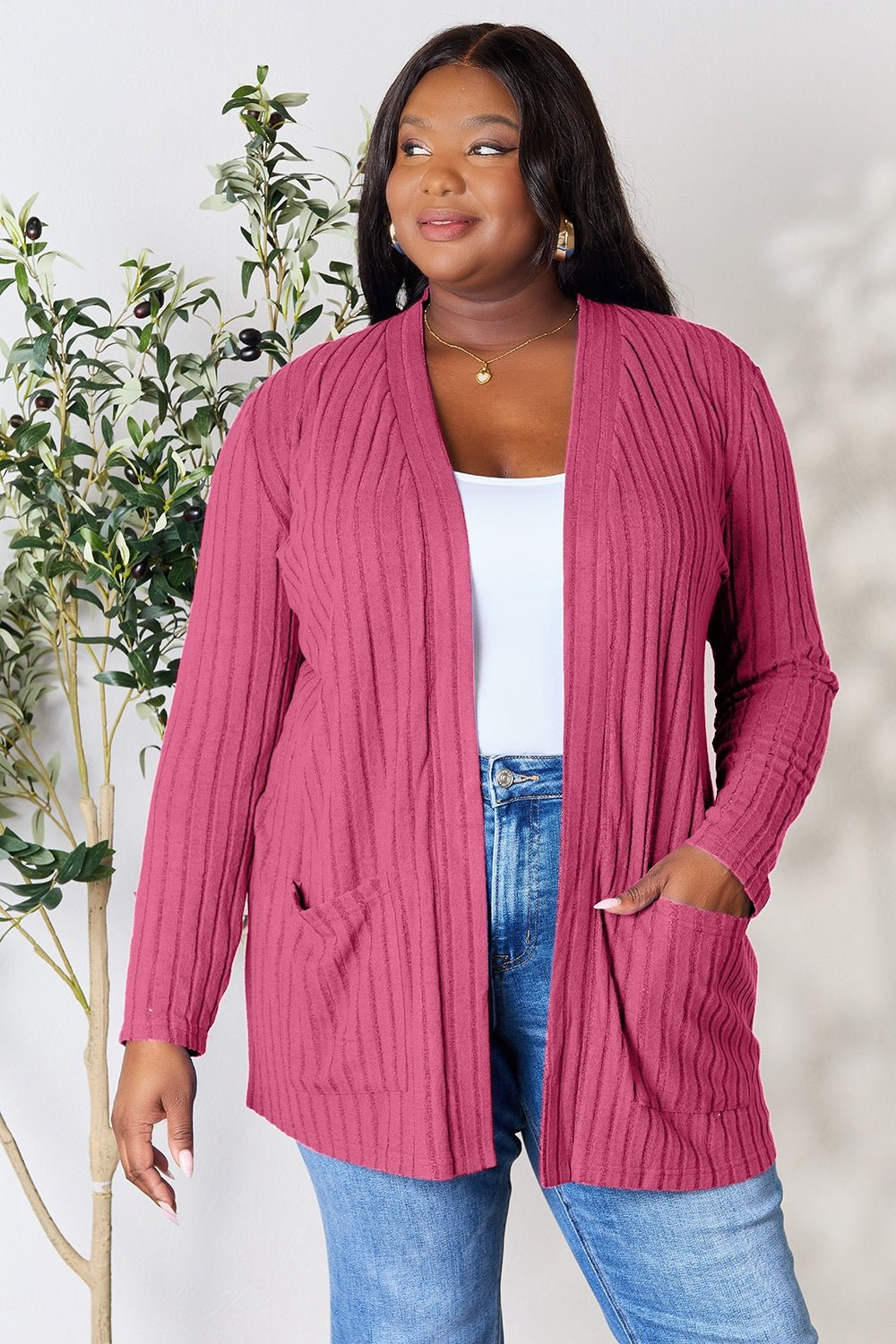Basic Bae Full Size Ribbed Open Front Cardigan with Pockets - Bella Blue Styles