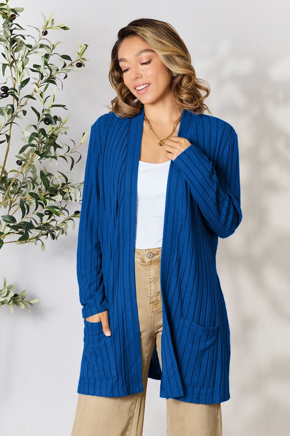 Basic Bae Full Size Ribbed Open Front Cardigan with Pockets - Bella Blue Styles