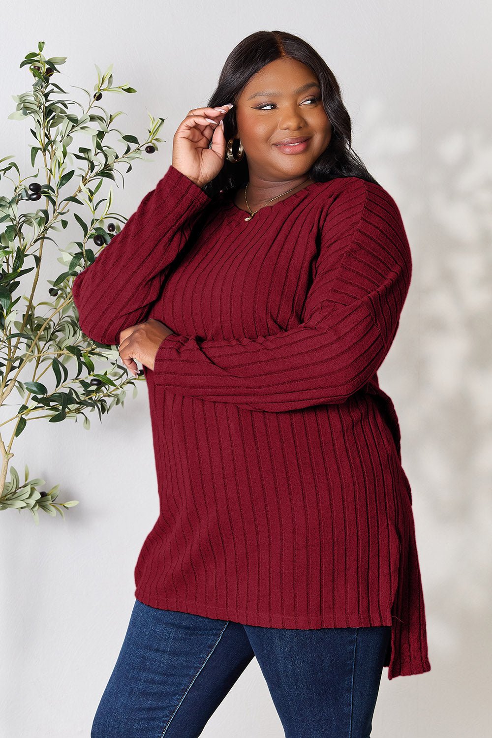 Basic Bae Full Size Ribbed Round Neck Long Sleeve Slit Top - Bella Blue Styles