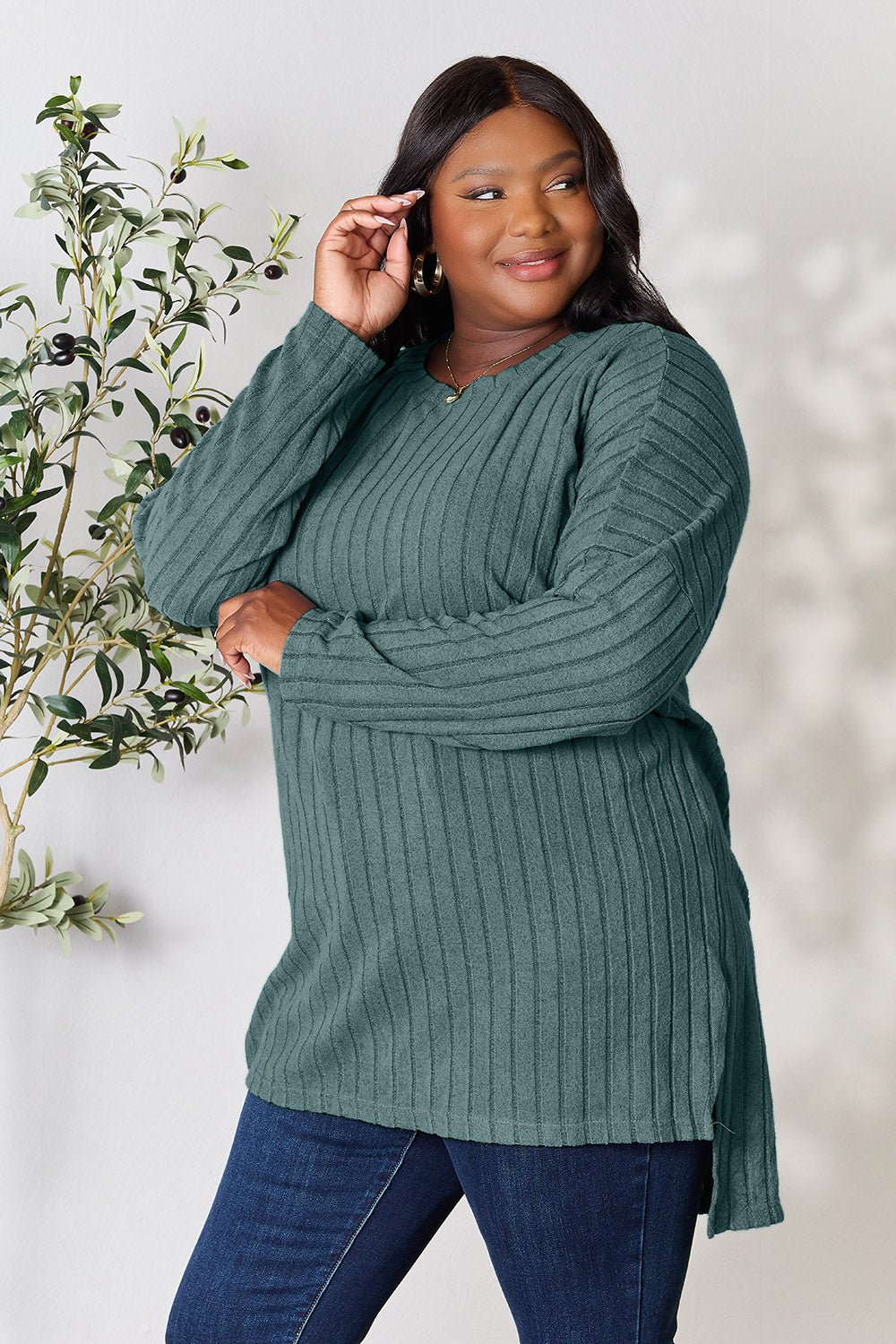 Basic Bae Full Size Ribbed Round Neck Long Sleeve Slit Top - Bella Blue Styles