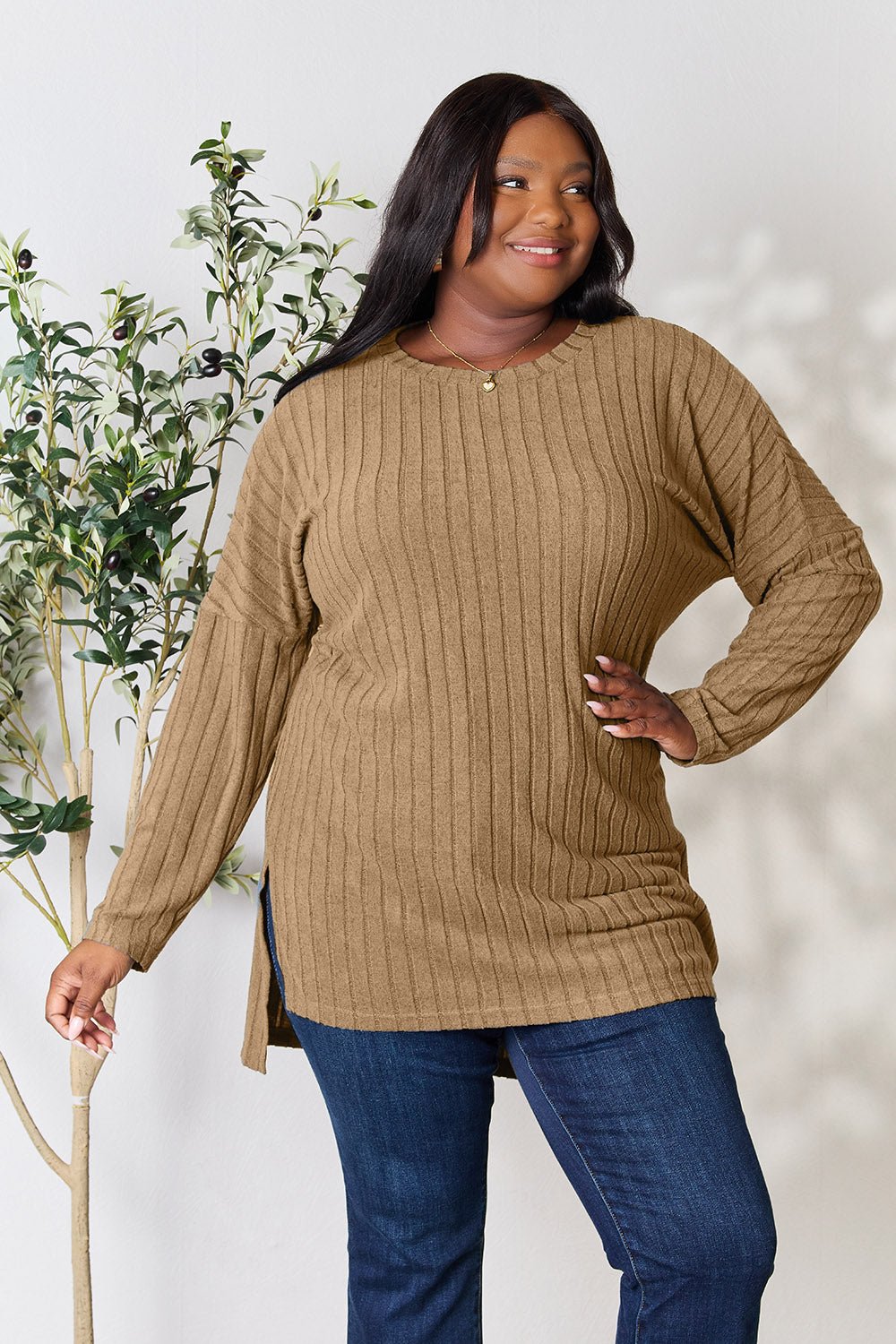 Basic Bae Full Size Ribbed Round Neck Long Sleeve Slit Top - Bella Blue Styles