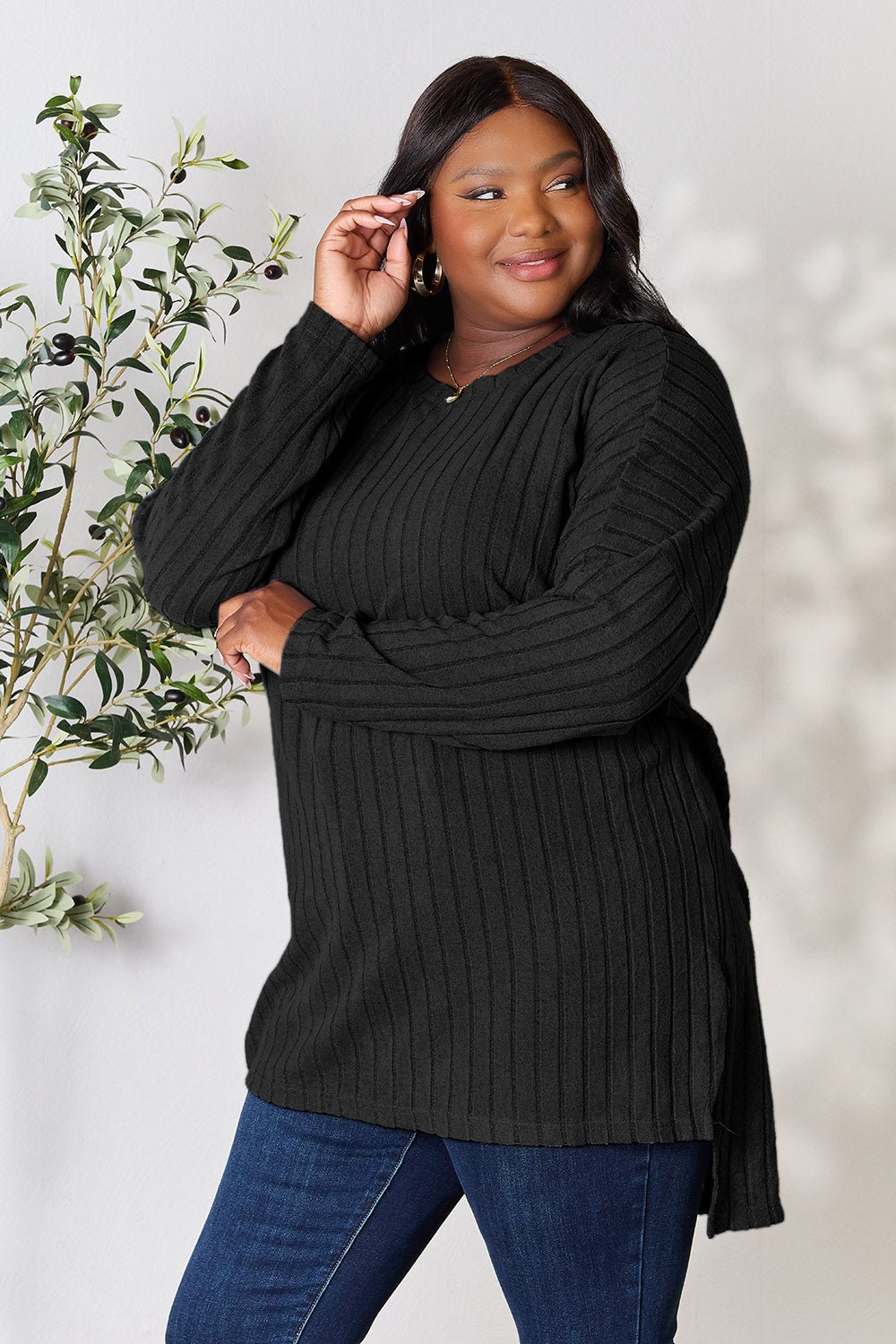 Basic Bae Full Size Ribbed Round Neck Long Sleeve Slit Top - Bella Blue Styles
