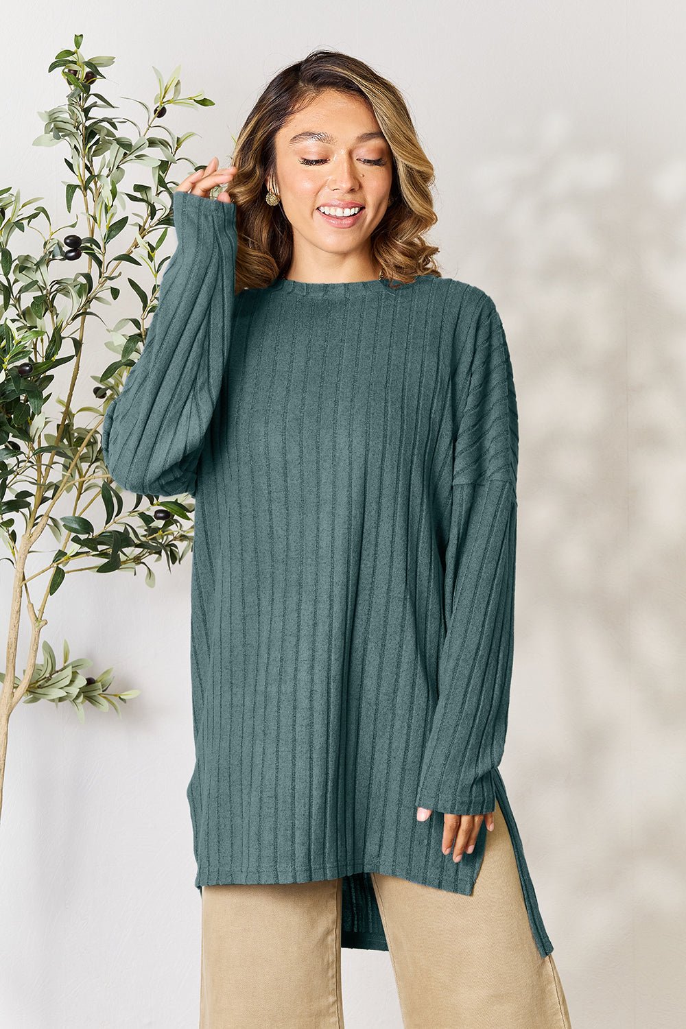 Basic Bae Full Size Ribbed Round Neck Long Sleeve Slit Top - Bella Blue Styles