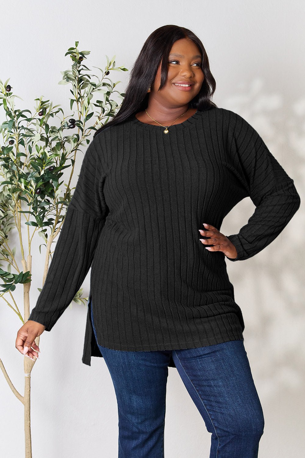 Basic Bae Full Size Ribbed Round Neck Long Sleeve Slit Top - Bella Blue Styles