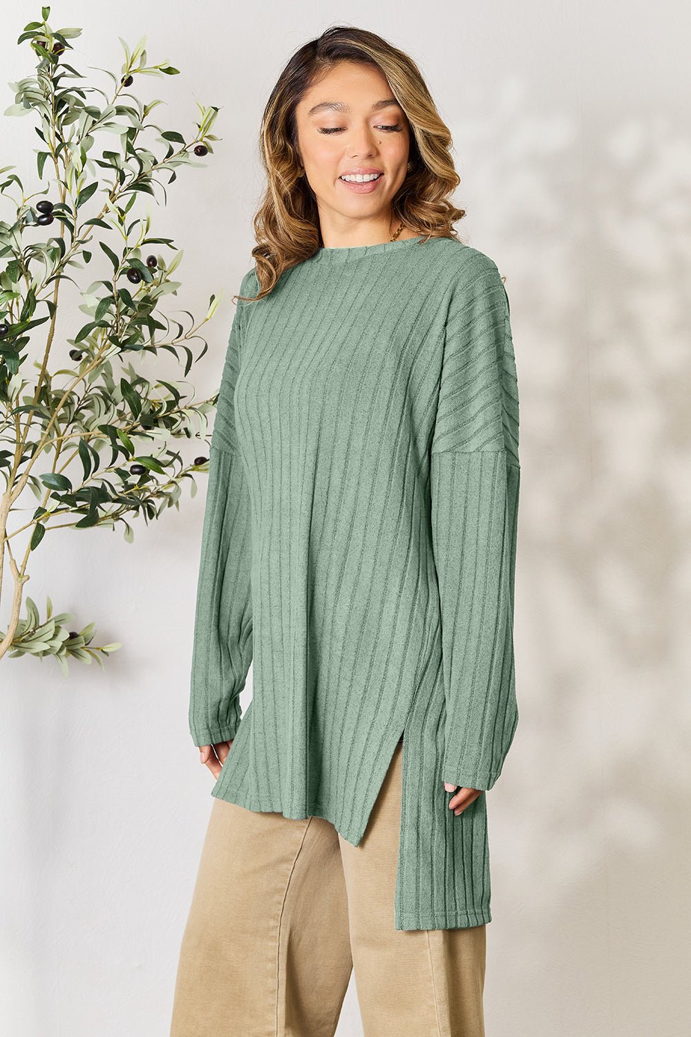 Basic Bae Full Size Ribbed Round Neck Long Sleeve Slit Top - Bella Blue Styles