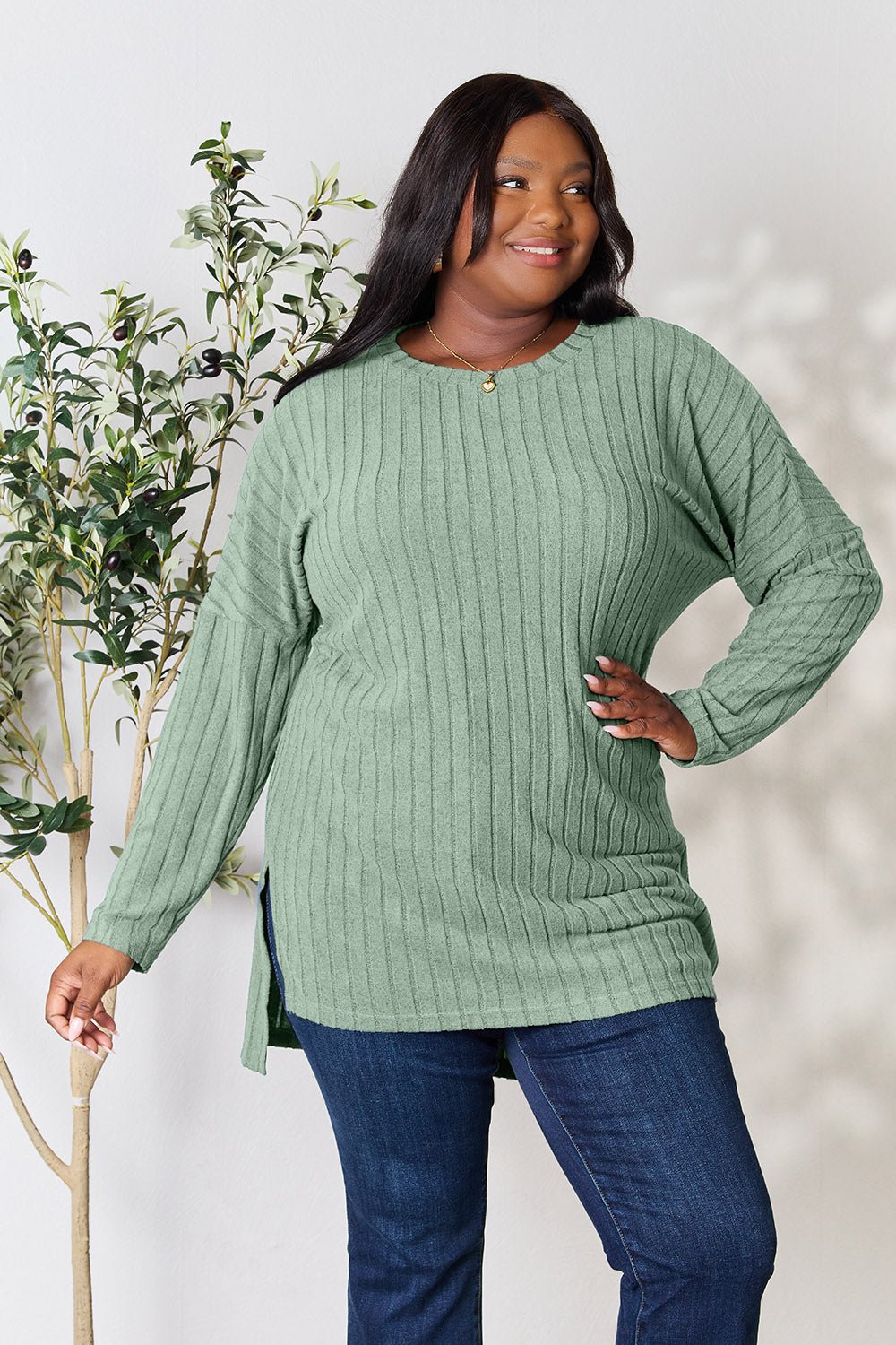 Basic Bae Full Size Ribbed Round Neck Long Sleeve Slit Top - Bella Blue Styles