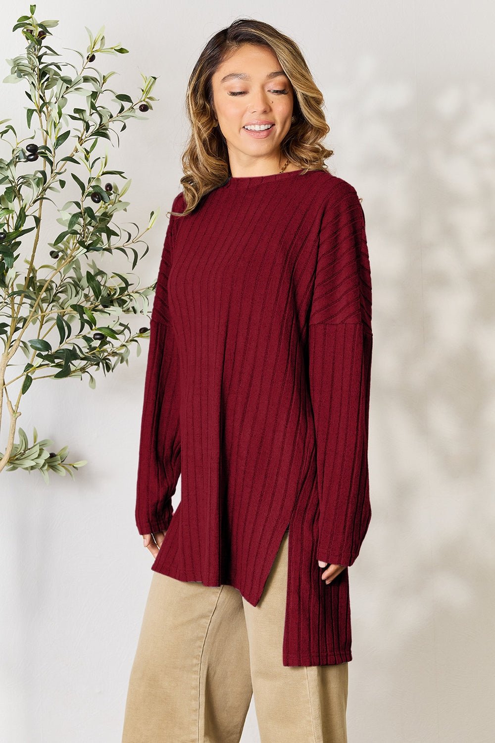 Basic Bae Full Size Ribbed Round Neck Long Sleeve Slit Top - Bella Blue Styles