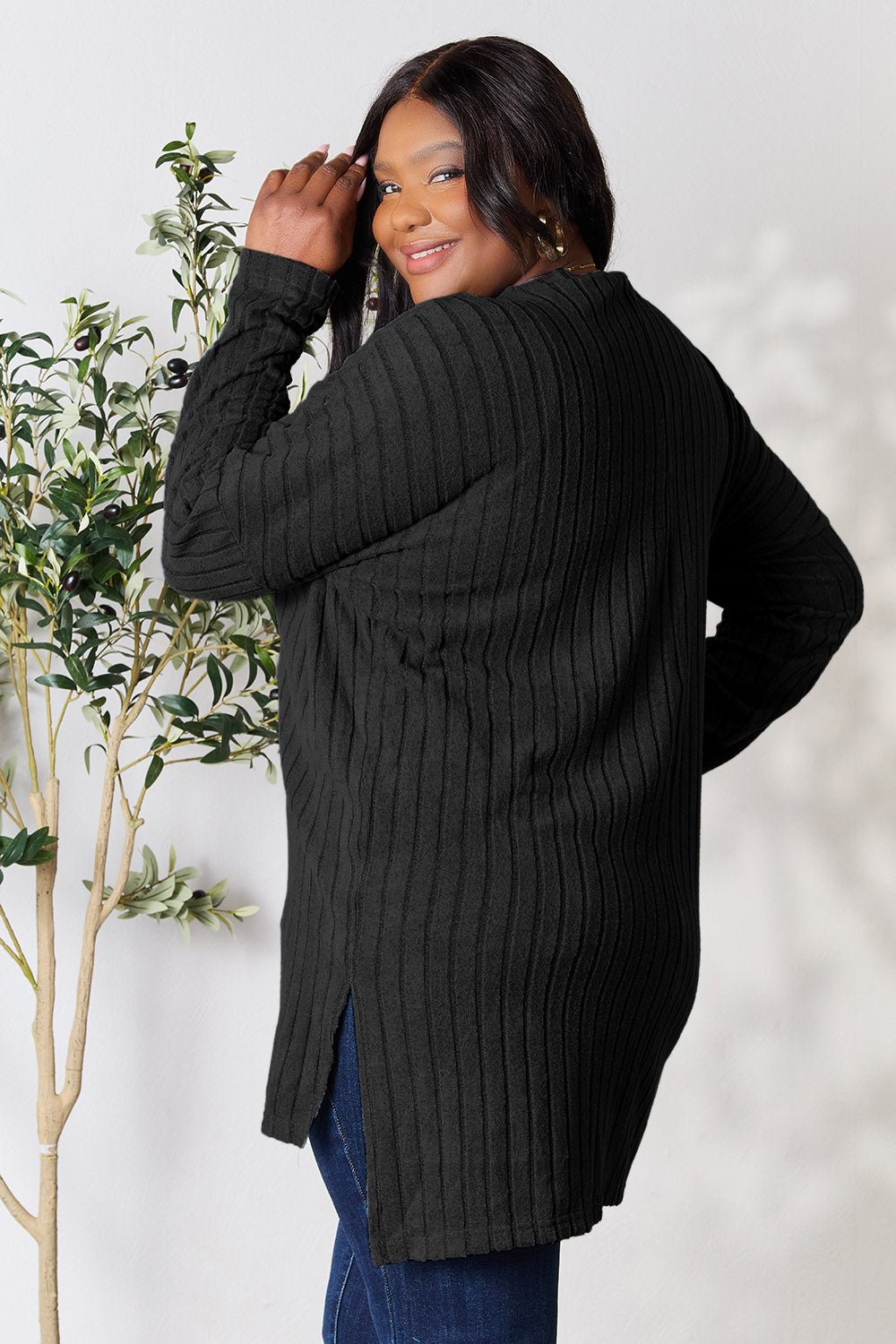 Basic Bae Full Size Ribbed Round Neck Long Sleeve Slit Top - Bella Blue Styles