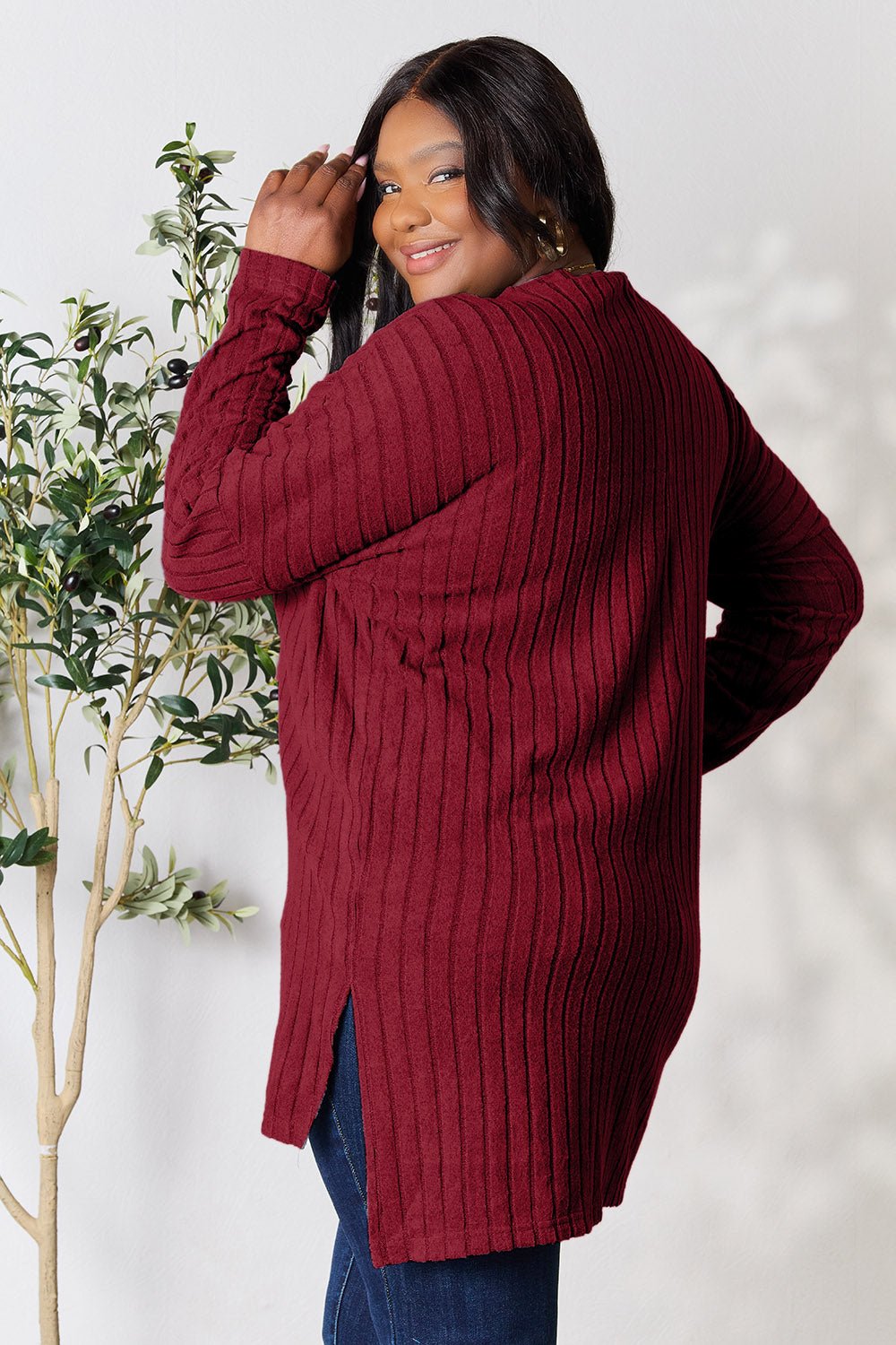 Basic Bae Full Size Ribbed Round Neck Long Sleeve Slit Top - Bella Blue Styles