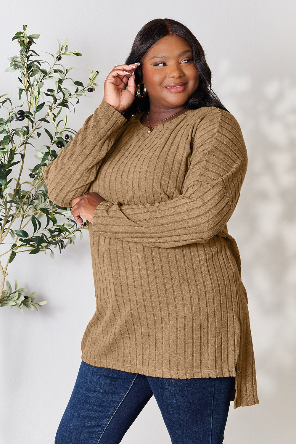 Basic Bae Full Size Ribbed Round Neck Long Sleeve Slit Top - Bella Blue Styles