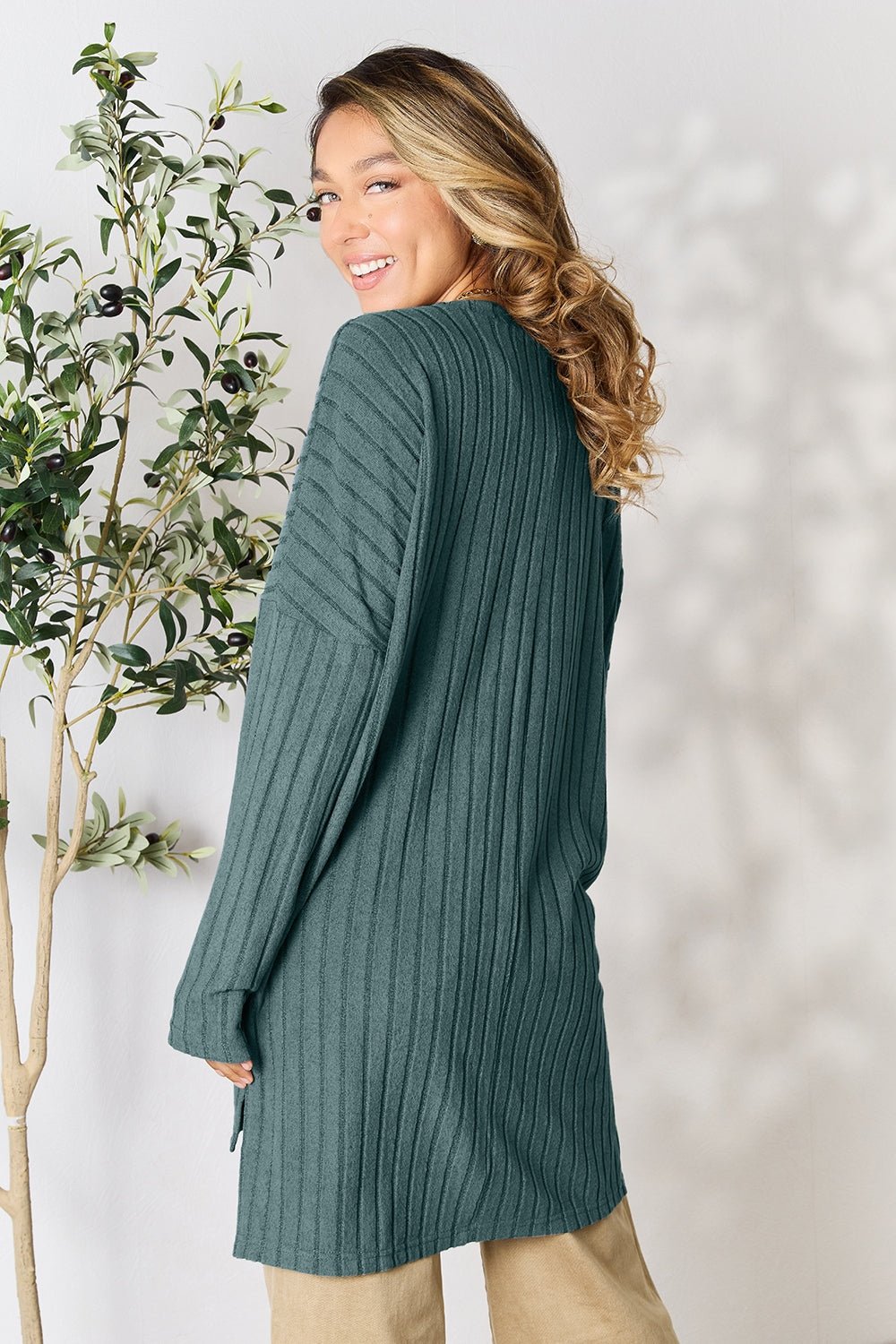 Basic Bae Full Size Ribbed Round Neck Long Sleeve Slit Top - Bella Blue Styles