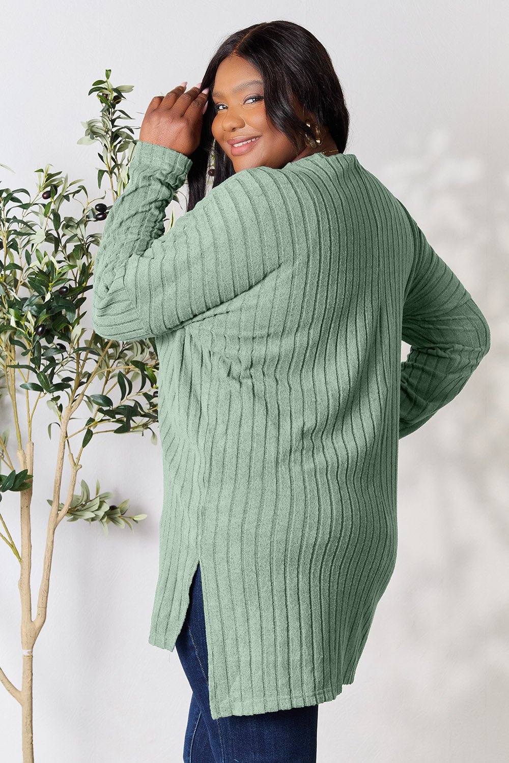 Basic Bae Full Size Ribbed Round Neck Long Sleeve Slit Top - Bella Blue Styles