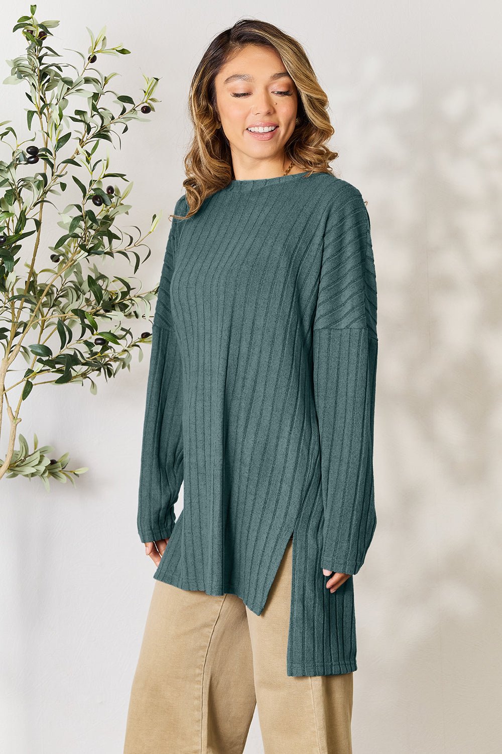 Basic Bae Full Size Ribbed Round Neck Long Sleeve Slit Top - Bella Blue Styles