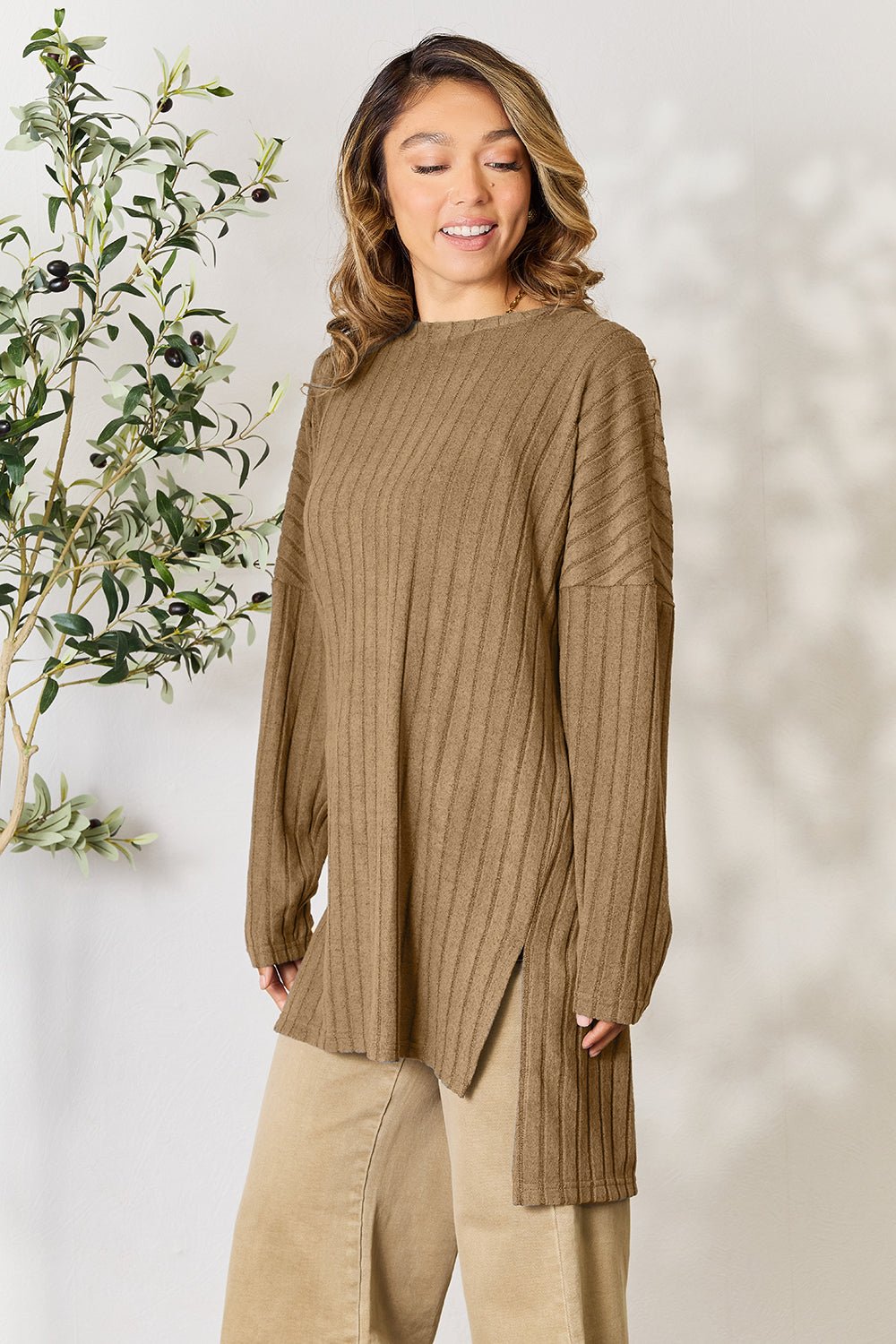 Basic Bae Full Size Ribbed Round Neck Long Sleeve Slit Top - Bella Blue Styles