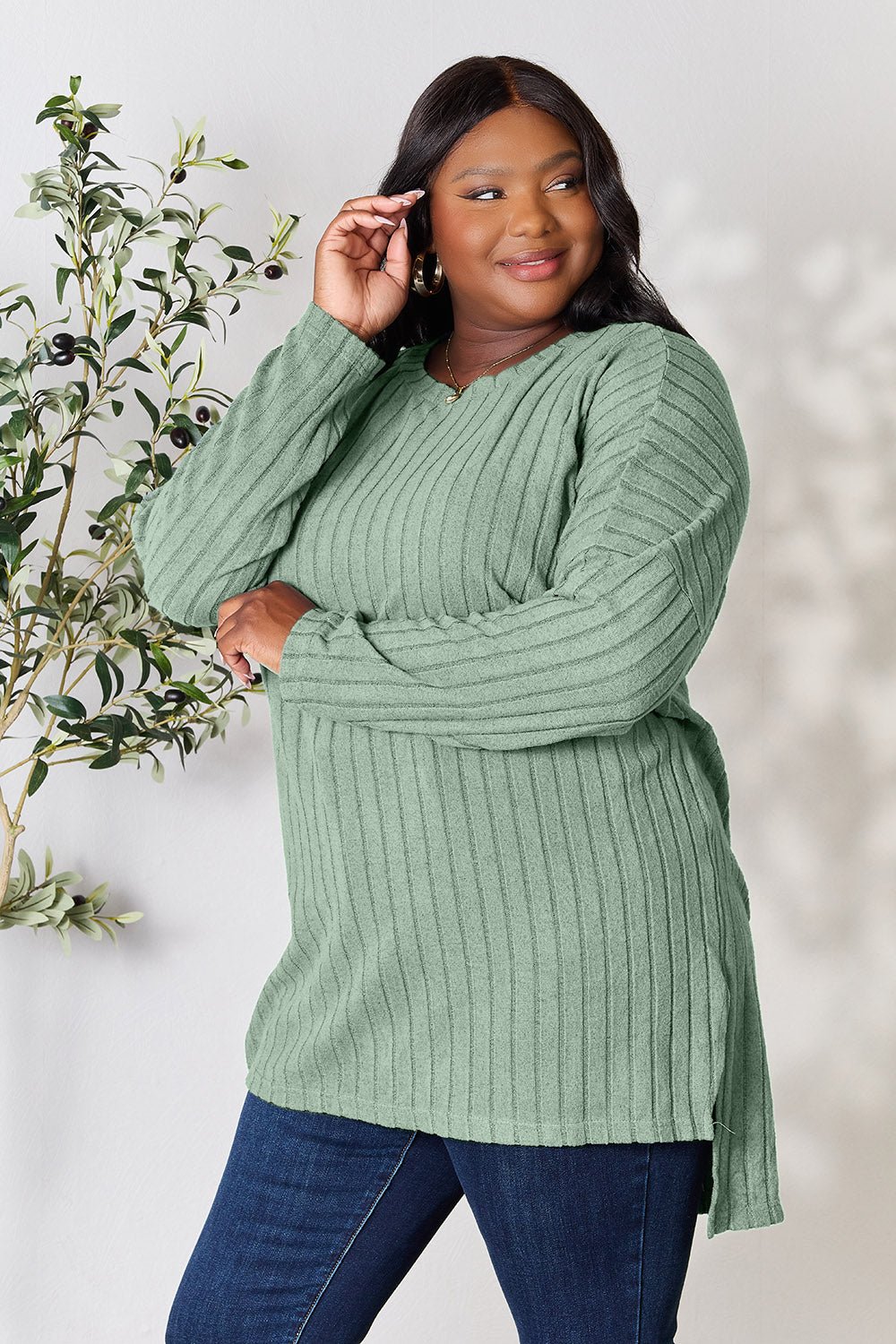Basic Bae Full Size Ribbed Round Neck Long Sleeve Slit Top - Bella Blue Styles