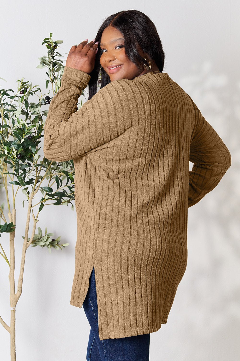 Basic Bae Full Size Ribbed Round Neck Long Sleeve Slit Top - Bella Blue Styles