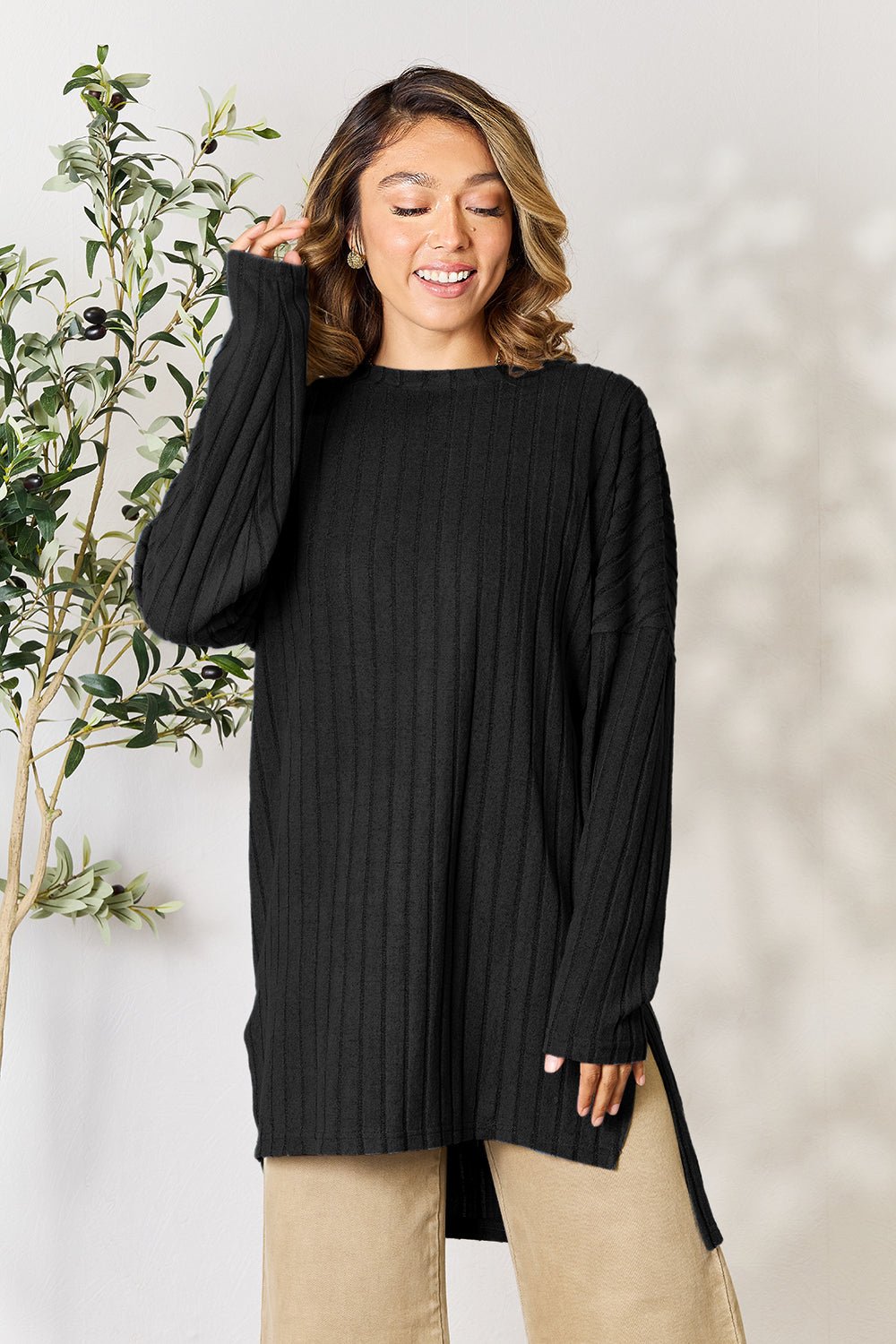 Basic Bae Full Size Ribbed Round Neck Long Sleeve Slit Top - Bella Blue Styles