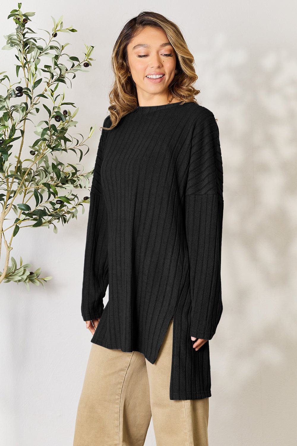 Basic Bae Full Size Ribbed Round Neck Long Sleeve Slit Top - Bella Blue Styles