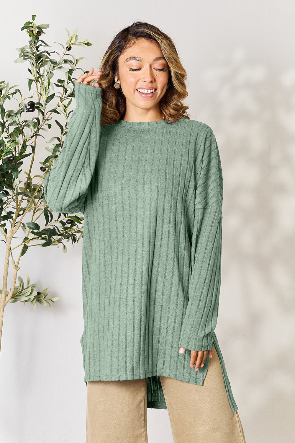 Basic Bae Full Size Ribbed Round Neck Long Sleeve Slit Top - Bella Blue Styles