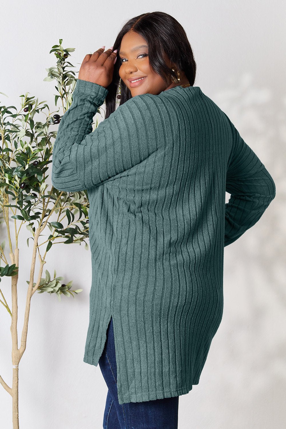 Basic Bae Full Size Ribbed Round Neck Long Sleeve Slit Top - Bella Blue Styles