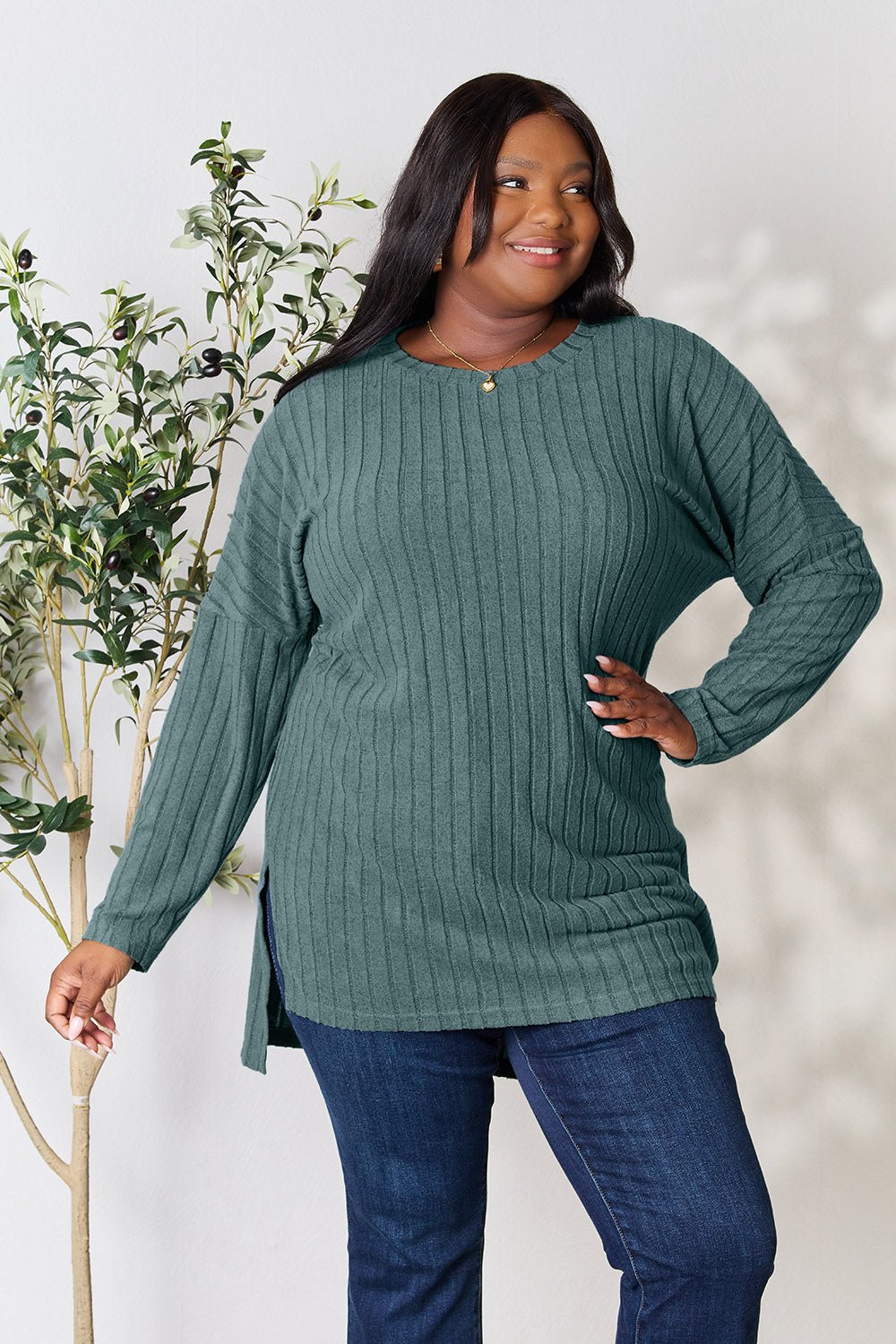 Basic Bae Full Size Ribbed Round Neck Long Sleeve Slit Top - Bella Blue Styles