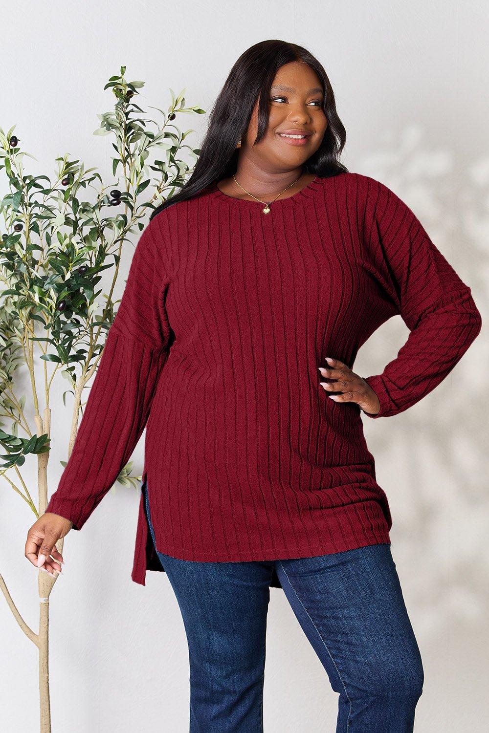 Basic Bae Full Size Ribbed Round Neck Long Sleeve Slit Top - Bella Blue Styles