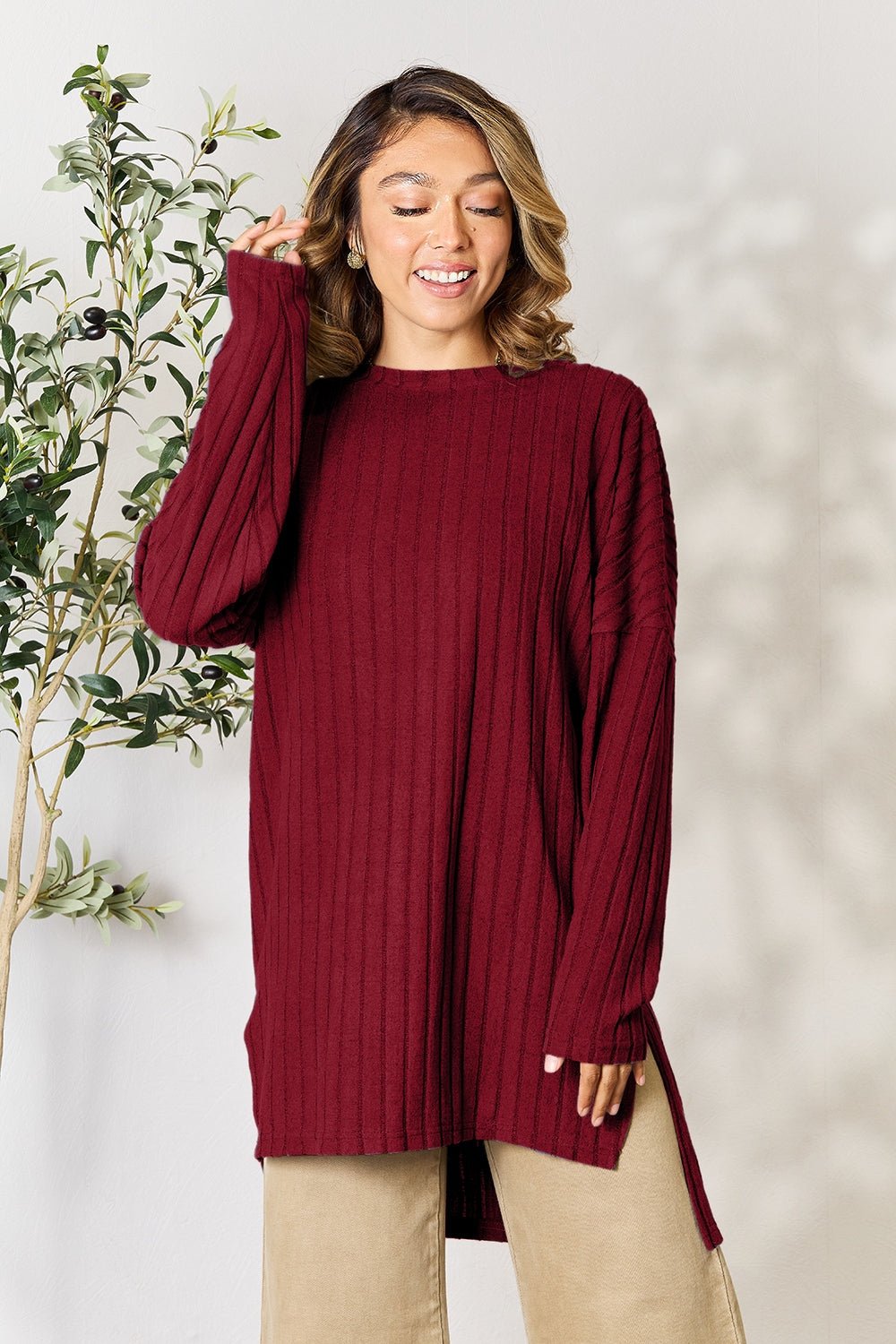 Basic Bae Full Size Ribbed Round Neck Long Sleeve Slit Top - Bella Blue Styles