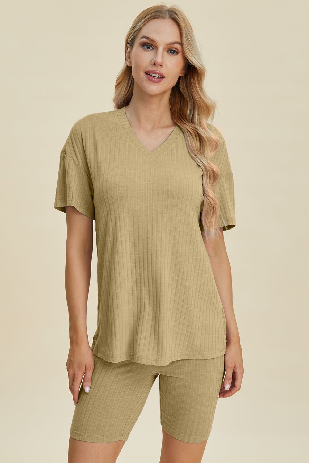 Basic Bae Full Size Ribbed V - Neck Short Sleeve Top and Shorts Set - Bella Blue Styles
