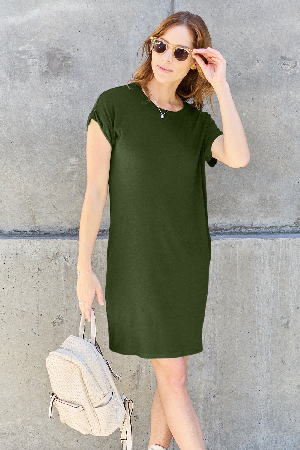 Basic Bae Full Size Round Neck Short Sleeve Dress with Pockets - Bella Blue Styles