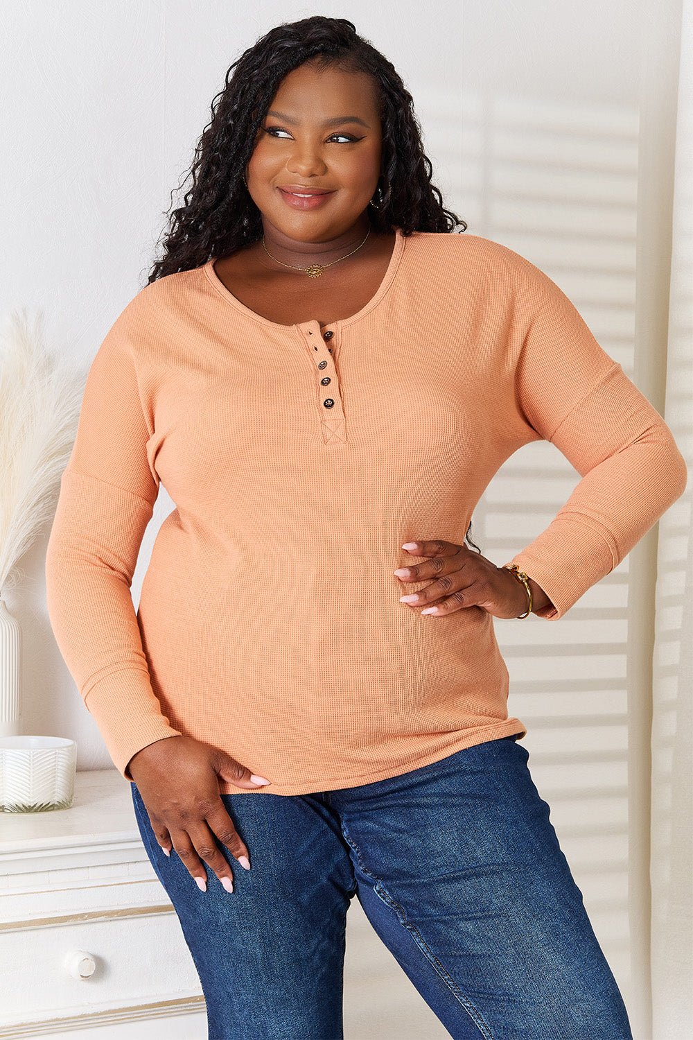 Basic Bae Half Button Long Sleeve Top - Bella Blue Styles