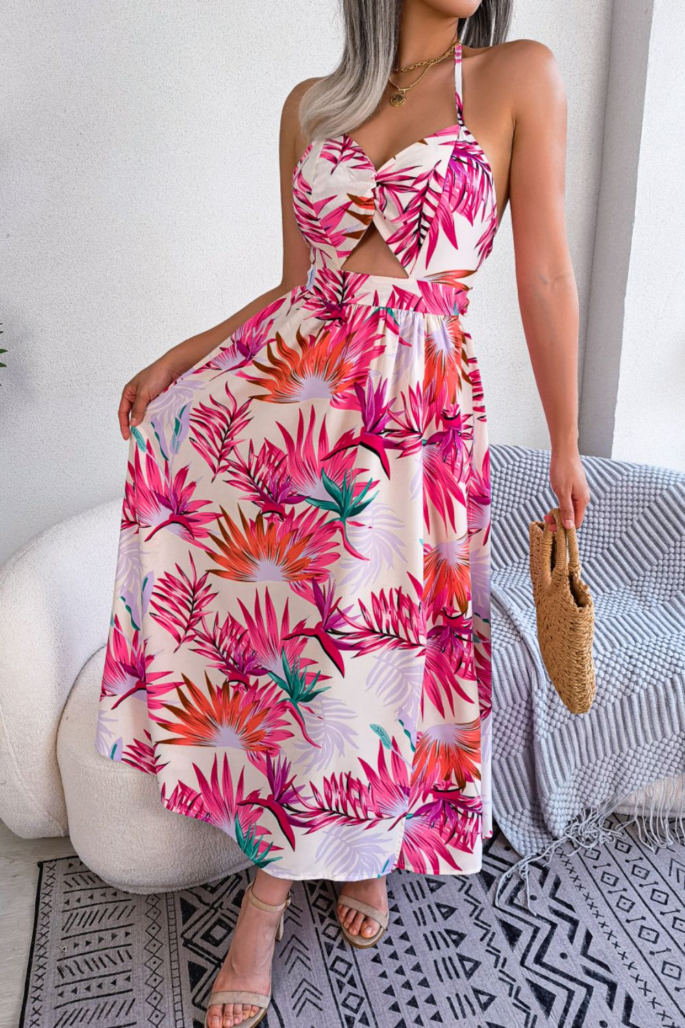 Botanical Print Tied Backless Cutout Slit Maxi Dress - Bella Blue Styles