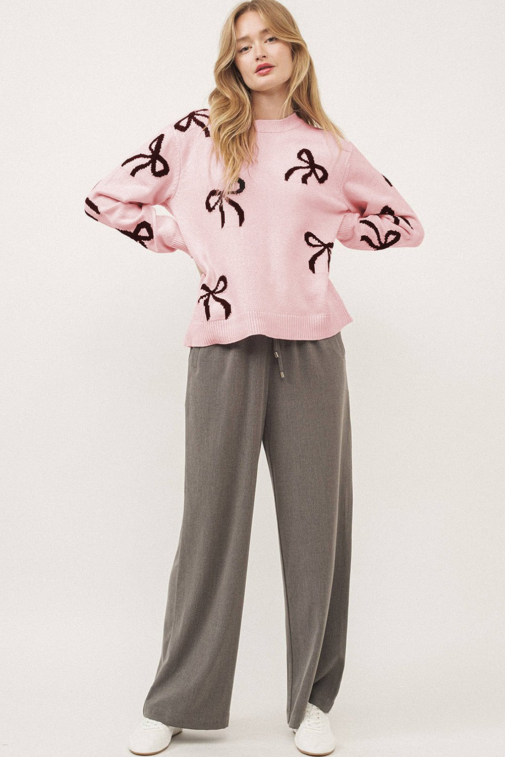 Bow Pattern Round Neck Loose Fit Sweater - Bella Blue Styles