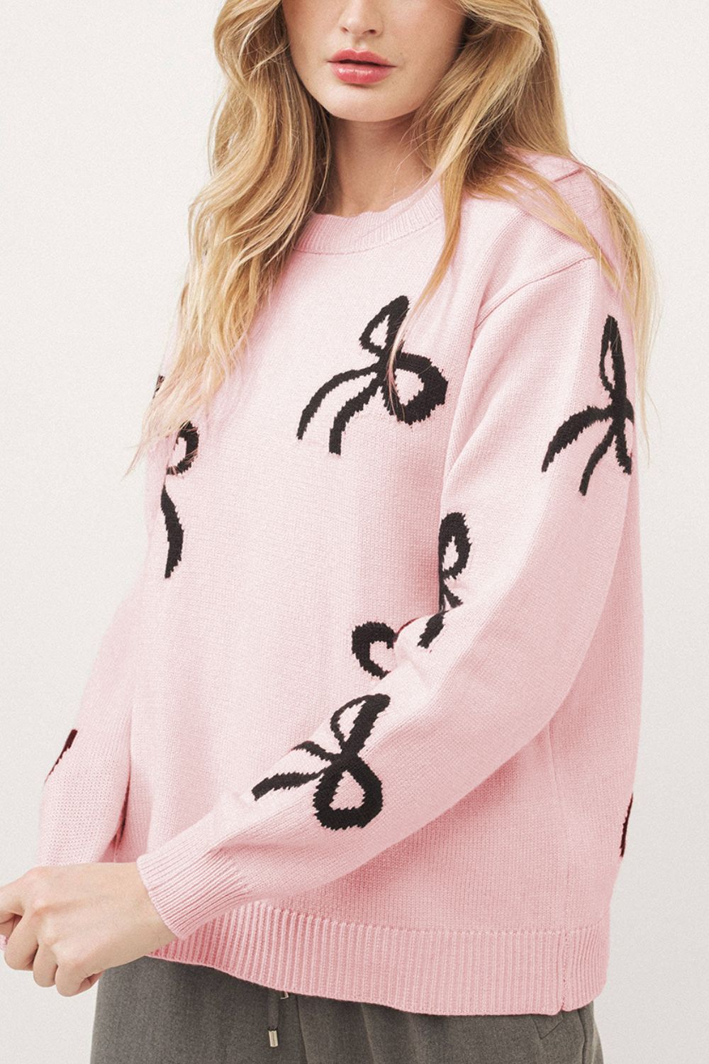Bow Pattern Round Neck Loose Fit Sweater - Bella Blue Styles