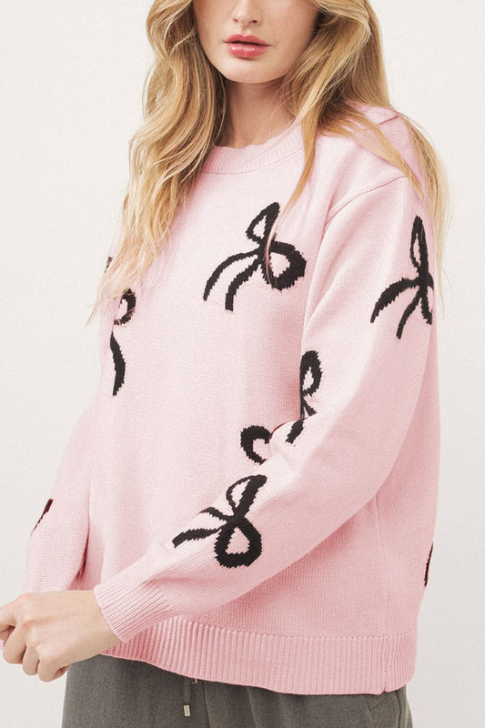 Bow Pattern Round Neck Loose Fit Sweater - Bella Blue Styles