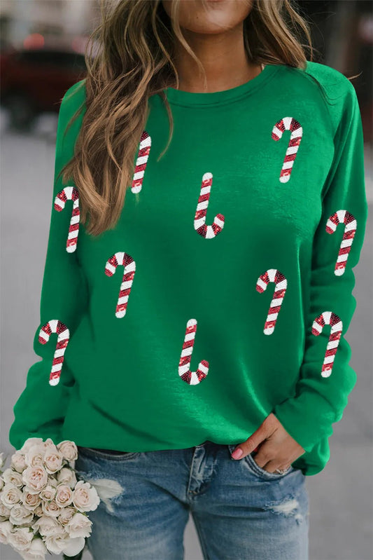 Candy Cane Round Neck Long Sleeve Sweatshirt - Bella Blue Styles