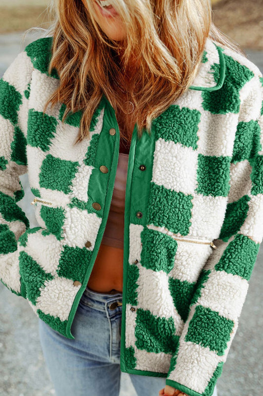 Checkered Snap Down Long Sleeve Jacket - Bella Blue Styles