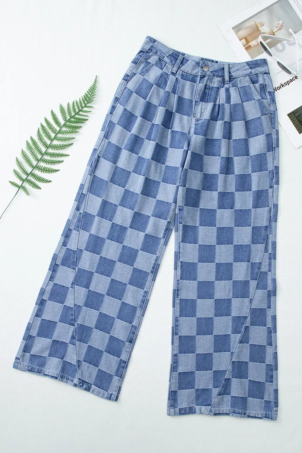 Checkered Wide Leg Jeans with Pockets - Bella Blue Styles