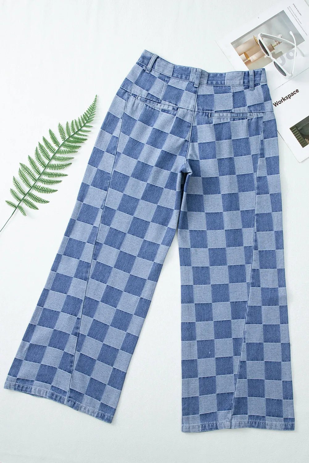 Checkered Wide Leg Jeans with Pockets - Bella Blue Styles
