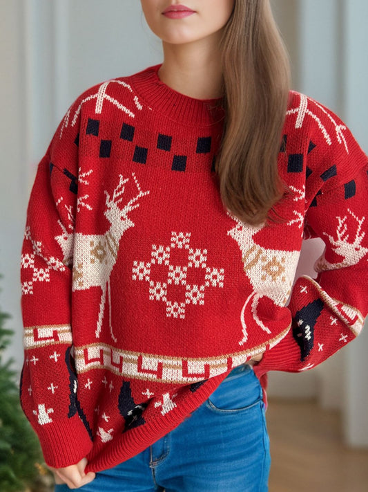 Christmas Element Round Neck Long Sleeve Sweater - Bella Blue Styles