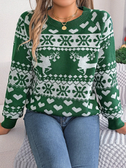 Christmas Element Round Neck Long Sleeve Sweater - Bella Blue Styles