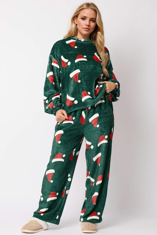 Christmas Hat Pattern Round Neck Long Sleeve Top and Pants Set - Bella Blue Styles