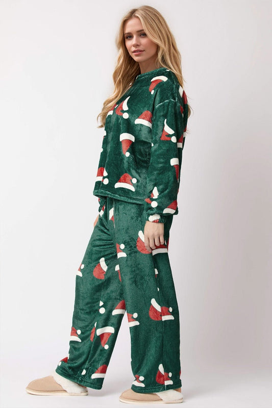 Christmas Hat Pattern Round Neck Long Sleeve Top and Pants Set - Bella Blue Styles