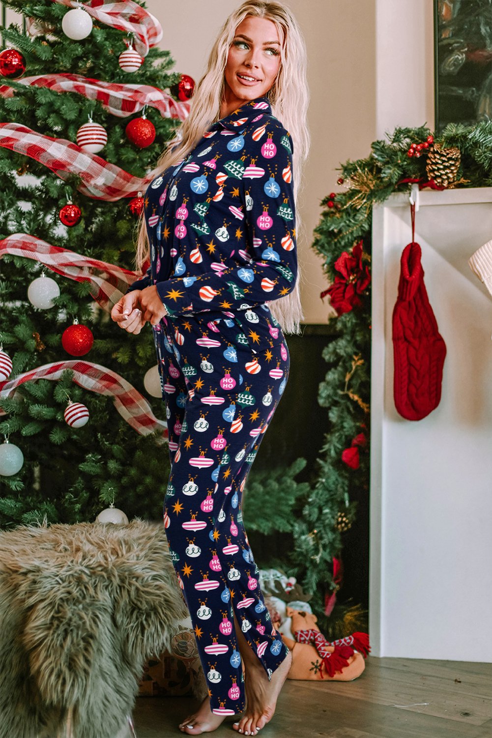 Christmas Lights Print Collared Neck Top and Pants Set - Bella Blue Styles